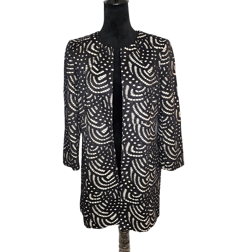 KASPER Size XL Collarless Lace Longline Open Front Blazer Jacket Dinner Office